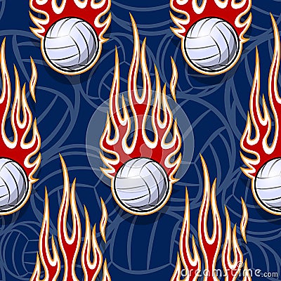 Seamless pattern with volleyball balls and flame. Vector Illustration