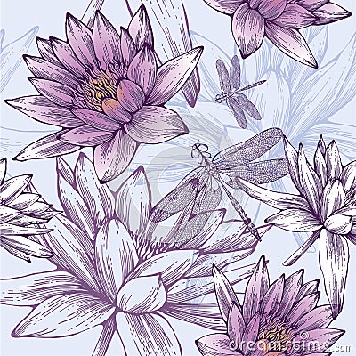 Seamless pattern with water lilies and dragonflies Vector Illustration