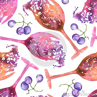 A seamless pattern with the watercolor abstract glasses of red wine and blue (violet) grape Stock Photo