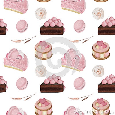 Seamless pattern of watercolor aesthetic pink desserts and confectionery, macaroons and flowers Cartoon Illustration