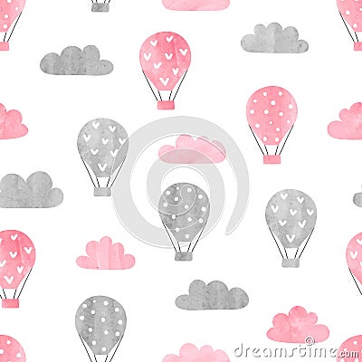 Seamless pattern with watercolor air balloons and clouds Vector Illustration
