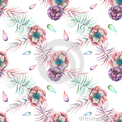 Seamless pattern with the watercolor anemone flowers and branches Stock Photo