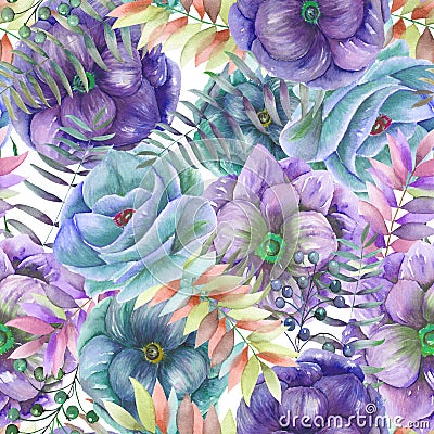 Seamless pattern with the watercolor anemone flowers, fern, leaves and branches Stock Photo