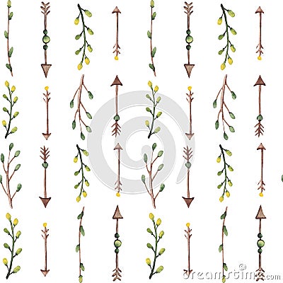 Seamless Pattern of Watercolor Arrows And Herbs Stock Photo