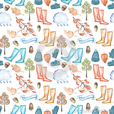 Seamless pattern with watercolor autumn objects warm hat and mittens, rubber boots, rain cloud, dry tree leaves and other Stock Photo