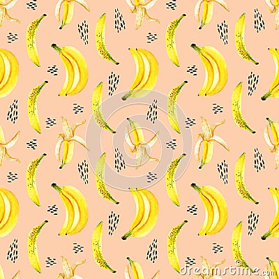 Seamless pattern of watercolor bananas with brush strokes. Isolated bright illustration. Hand painted fruits and drops Cartoon Illustration