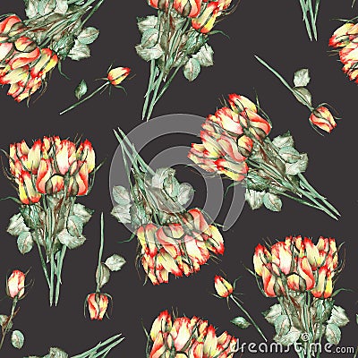 A seamless pattern with the watercolor beautiful bouquets of the red and yellow roses on a black background Stock Photo