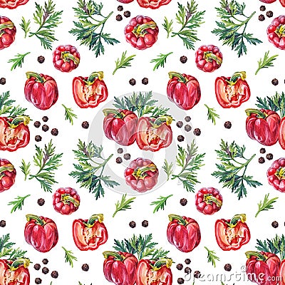 Seamless pattern watercolor bell pepper and greenery parsley and black peppercorn on white background. Hand-drawn sweet Stock Photo