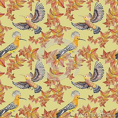 Seamless pattern with watercolor birds on a yellow background. Stock Photo