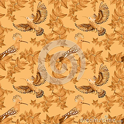 Seamless pattern with watercolor birds on a yellow background. Stock Photo