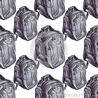 Seamless pattern watercolor black army military tourism backpack on white background. Back to school. Hand-drawn art for Stock Photo