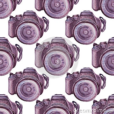 Seamless pattern watercolor black purple camera on white background. Professional hobby. Hand drawn art creative tool Stock Photo