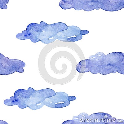 Seamless pattern. Watercolor blue clouds on white background. Stock Photo