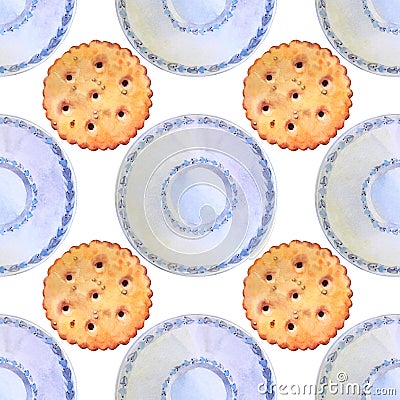 Seamless pattern watercolor blue saucer and cookies cracker with salt, biscuit on white background. Breakfast or lunch Stock Photo
