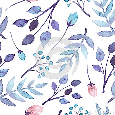 Seamless Pattern With Watercolor Blue And Violet Leaves Stock Photo