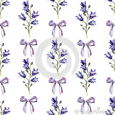 Seamless pattern with watercolor bluebells and bows of light-blue ribbon Stock Photo