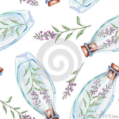 Seamless pattern with watercolor bottles with salvia flowers inside Stock Photo