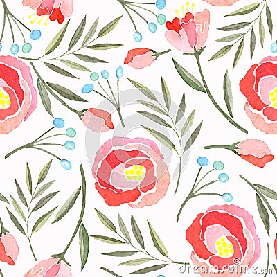 Seamless pattern with watercolor branches, flowers and berries Cartoon Illustration