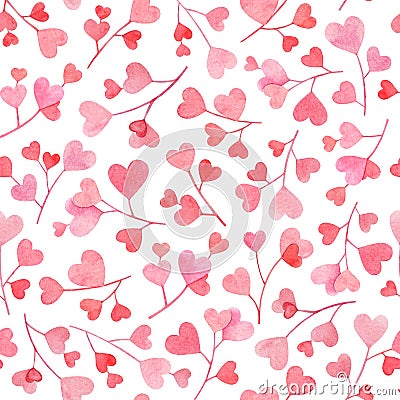 Seamless pattern with watercolor branches with pink and red heart shaped leaves isolated on white background. Useful Stock Photo