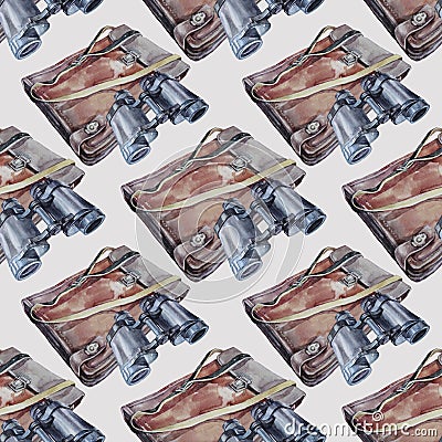 Seamless pattern watercolor brown retro folder for documents, papers and binoculars on grey background. Military bag for Stock Photo