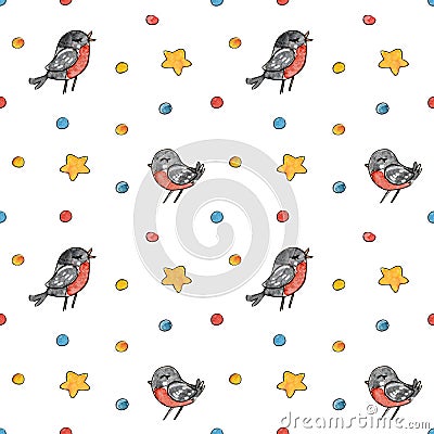 Seamless pattern with watercolor bullfinches and color confetti - Christmas background for winter holidays textile or wrapping Stock Photo
