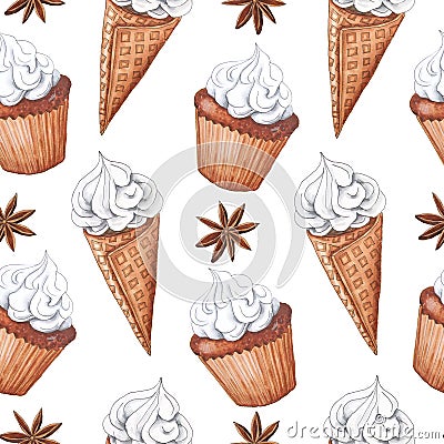 Seamless pattern with watercolor cakes Stock Photo