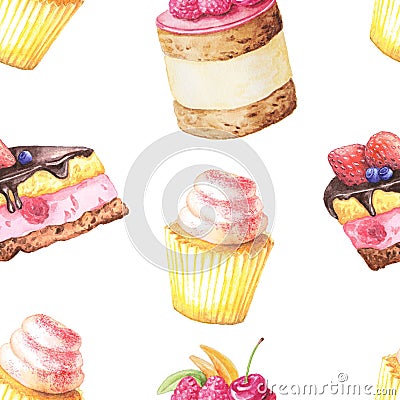 Seamless pattern with watercolor cakes Stock Photo