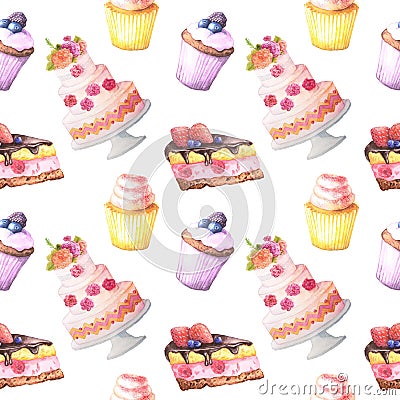 Seamless pattern with watercolor cakes Stock Photo