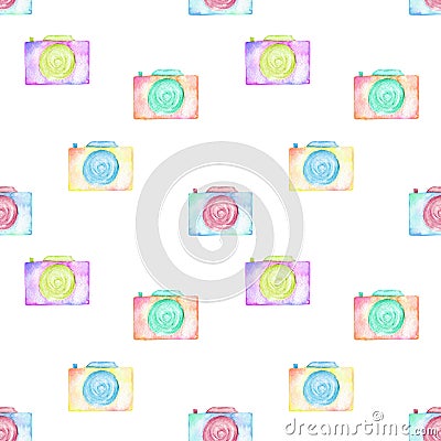 Seamless pattern with watercolor cameras Stock Photo