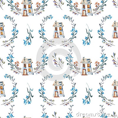 Seamless pattern with watercolor cartoon private house inside the floral wreaths Stock Photo