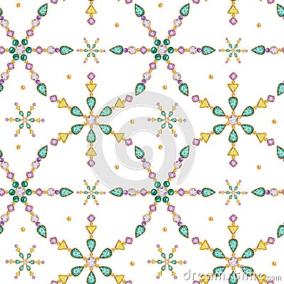 Seamless pattern Watercolor Christmas crystal snowflake. Beautiful bright colors jewelry medallion, brooch, decoration Stock Photo