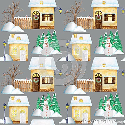 Seamless pattern Watercolor Christmas winter houses with luminous windows and snow on the roof. Christmas tree, Snowman Stock Photo