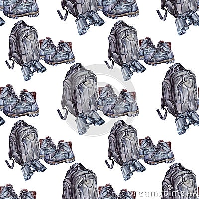Seamless pattern watercolor clothing accessories: black army military tourism backpack, boots shoes, binoculars isolated Stock Photo