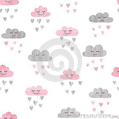 Seamless pattern with watercolor clouds and rain of hearts. Vector Illustration