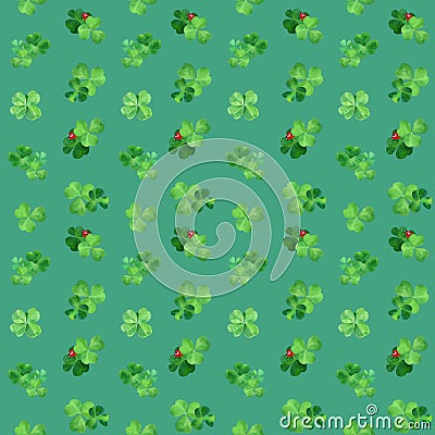 Seamless pattern with watercolor clover and ladybugs. Spring decor with green grass and bugs Stock Photo