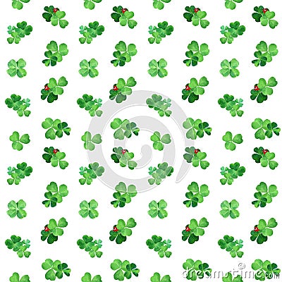 Seamless pattern with watercolor clover and ladybugs. Spring decor with green grass and bugs Stock Photo