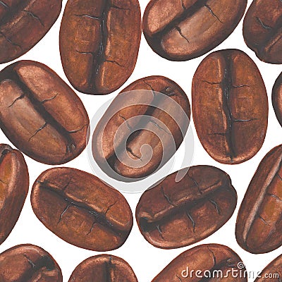 Seamless pattern with watercolor coffee beans on white backgroun Stock Photo