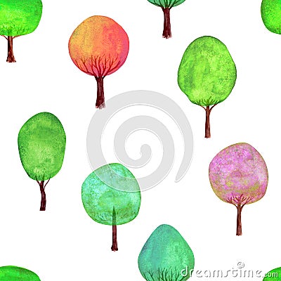 Seamless pattern of watercolor colorful trees on white background Cartoon Illustration