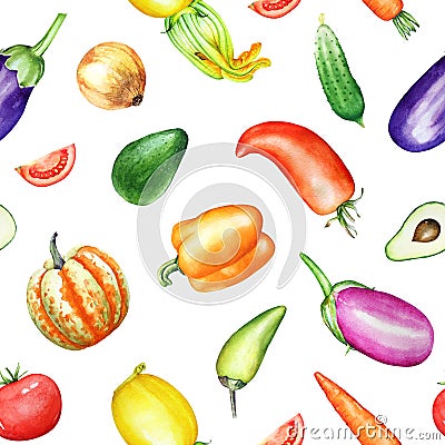 Seamless pattern with watercolor colorful vegetables on white background Stock Photo