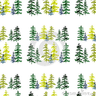 Seamless pattern with watercolor conifer trees. To design and decor backgrounds, banners, flyers Stock Photo