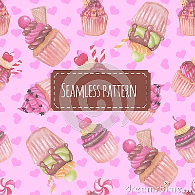 Seamless pattern watercolor cupcake pink Vector Illustration