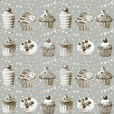 Seamless pattern. Watercolor cupcakes, muffi and festiv flagsns. Cartoon Illustration