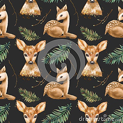 Seamless pattern with watercolor deers, baby deers and fern leaves Stock Photo