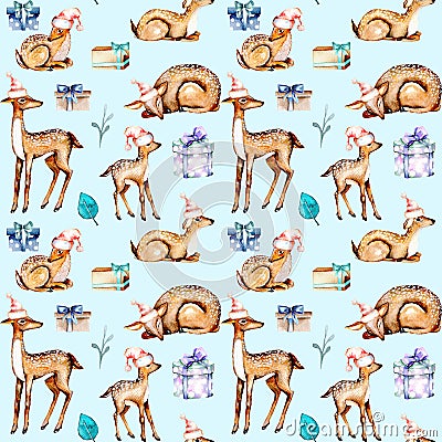 Seamless pattern with watercolor deers in Christmas hats, baby deers and gift boxes Stock Photo