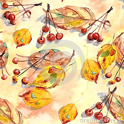 Seamless pattern of watercolor drawing set of autumn leaves and small ornamental paradise apples on a yellow background Cartoon Illustration