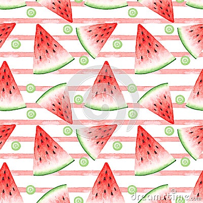 Seamless pattern of watercolor drawings of red watermelon slices and pink stripes Stock Photo