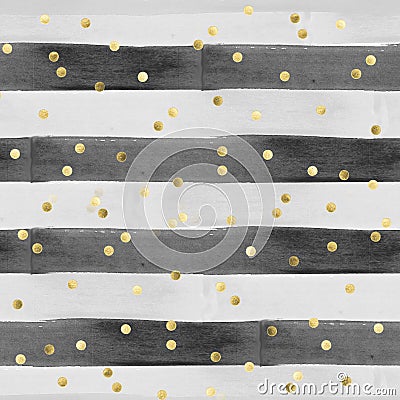 Seamless Pattern in watercolor effect - horizontal stripes in black and gray with gold confetti Stock Photo