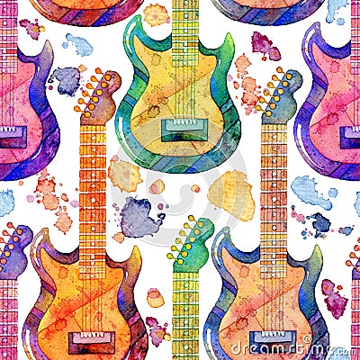 Seamless pattern with watercolor electric guitar and splashes on white background. Cartoon Illustration