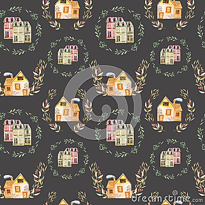 Seamless pattern with watercolor english cartoon houses inside the floral wreaths Stock Photo