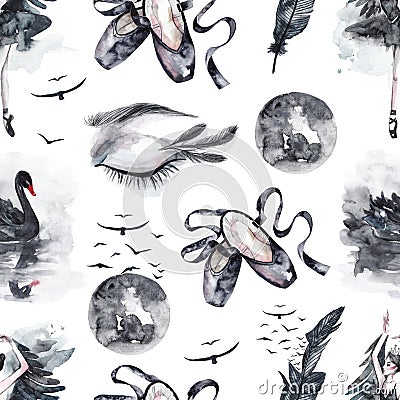 Seamless pattern with watercolor eyes and swans, feathers and birds, pointe shoes and Moon Stock Photo